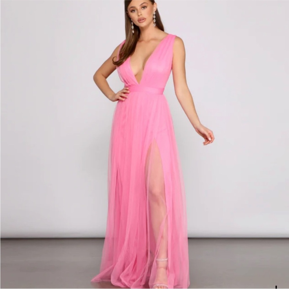 Windsor Bridgette Pink Tulle, Double Slit Prom Gown